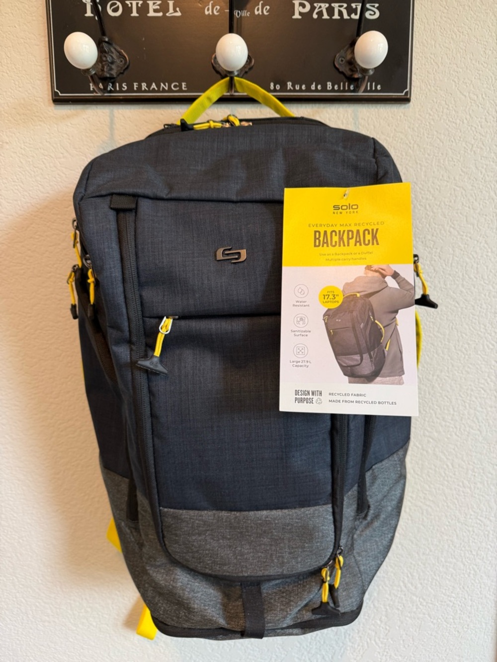 NWT Gray & Yellow Backpack Duffel Solo New York Fits 17.3” Laptop Shoe Pocket